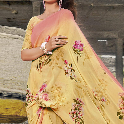 Light Yellow Casual Wear Floral Printed Georgette Saree
