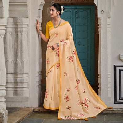 Light Yellow Casual Wear Floral Printed Heavy Organza Silk Saree