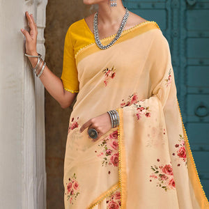 Light Yellow Casual Wear Floral Printed Heavy Organza Silk Saree
