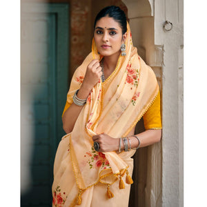 Light Yellow Casual Wear Floral Printed Heavy Organza Silk Saree