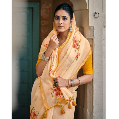 Light Yellow Casual Wear Floral Printed Heavy Organza Silk Saree