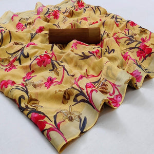 Light Yellow Casual Wear Floral Printed Linen Saree With Silver Border