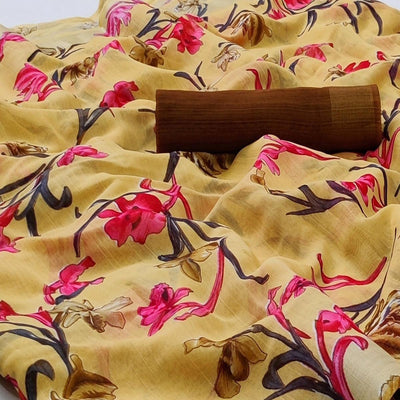Light Yellow Casual Wear Floral Printed Linen Saree With Silver Border