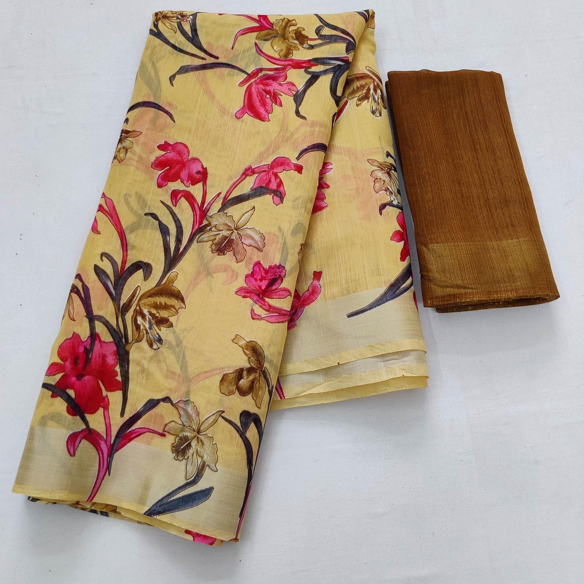 Light Yellow Casual Wear Floral Printed Linen Saree With Silver Border