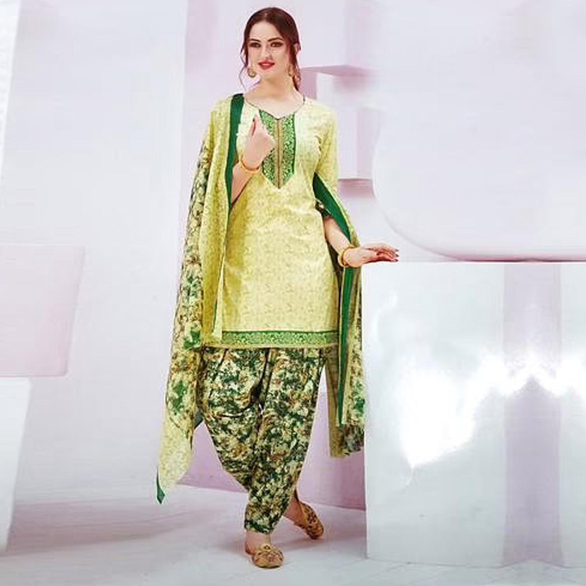 Light Yellow Casual Wear Printed Leon Patiala Dress Material