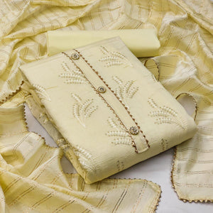 Light Yellow Casual Wear Sequins Embroidered Dyeable Cotton Dress Material