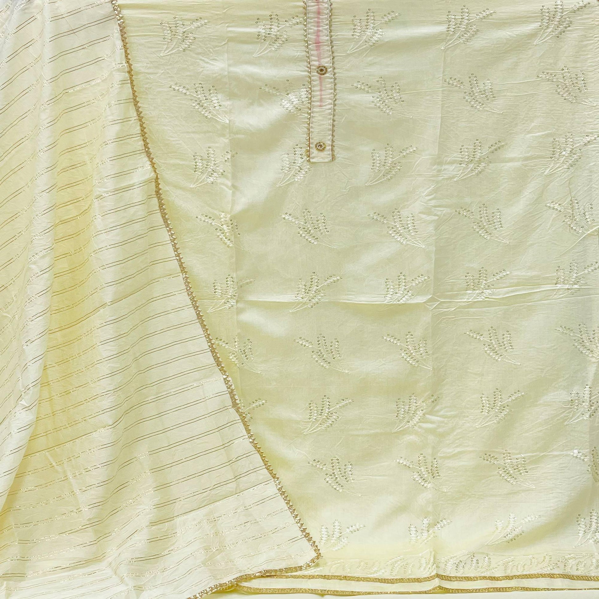 Light Yellow Casual Wear Sequins Embroidered Dyeable Cotton Dress Material