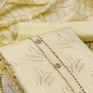 Light Yellow Casual Wear Sequins Embroidered Dyeable Cotton Dress Material