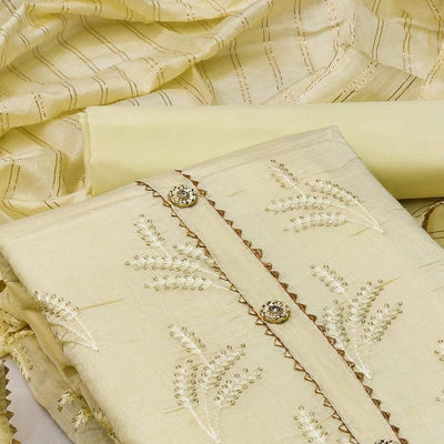 Light Yellow Casual Wear Sequins Embroidered Dyeable Cotton Dress Material