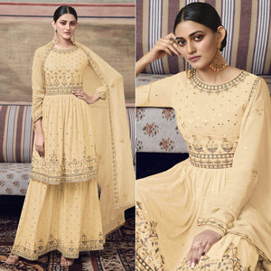 Light Yellow Embroidered Georgette Sharara Suit