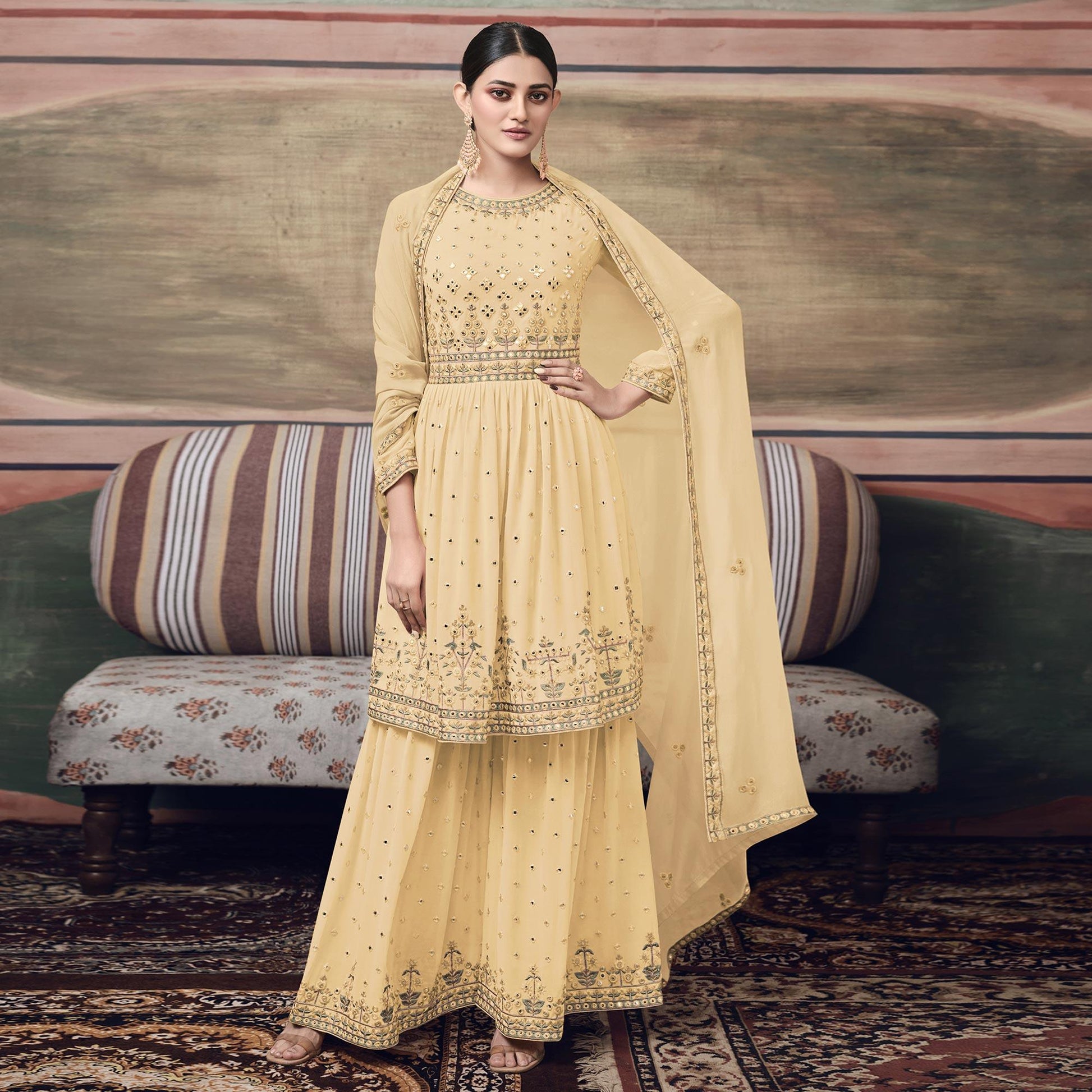 Light Yellow Embroidered Georgette Sharara Suit