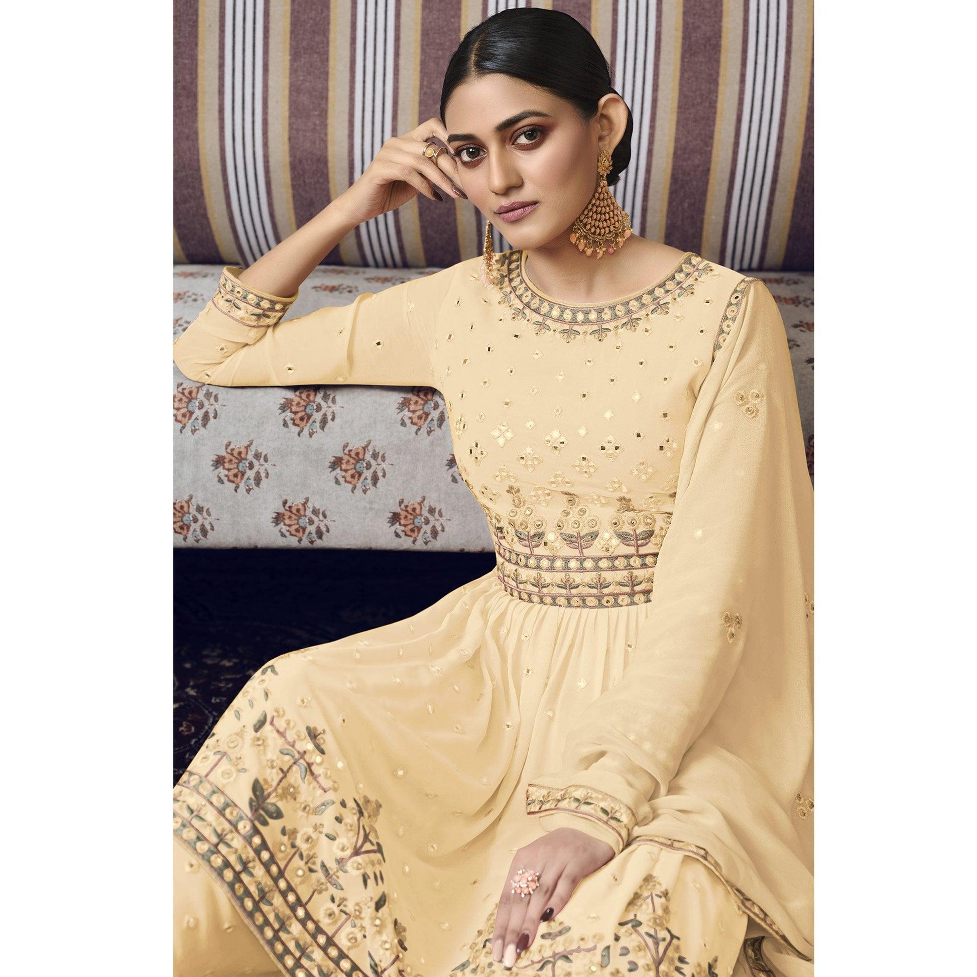 Light Yellow Embroidered Georgette Sharara Suit