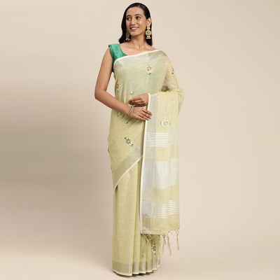 Light Yellow Embroidered Linen Saree With Tassels