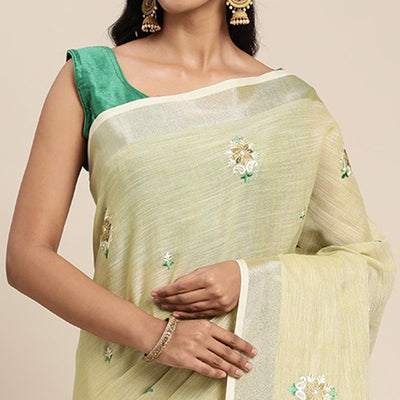 Light Yellow Embroidered Linen Saree With Tassels