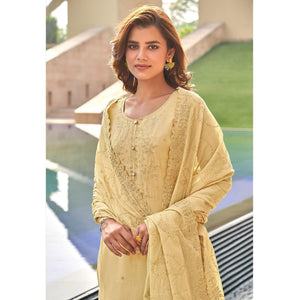 Light Yellow Festive Wear Embroidered Muslin Palazzo Suit