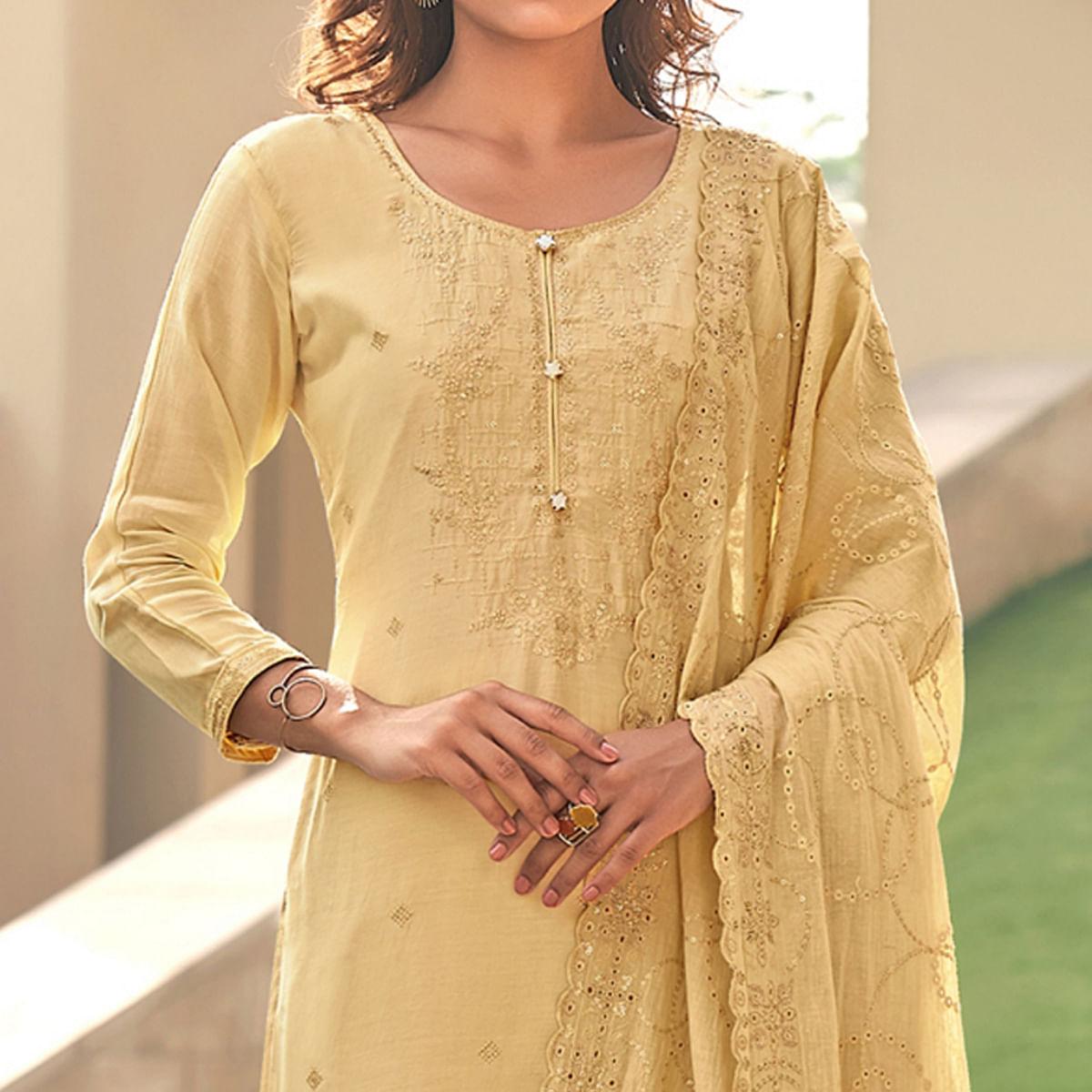 Light Yellow Festive Wear Embroidered Muslin Palazzo Suit