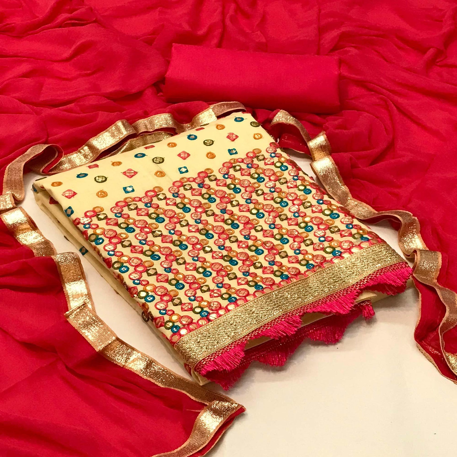 Light Yellow Festive Wear Embroidery With Embellished Cotton Dress Material