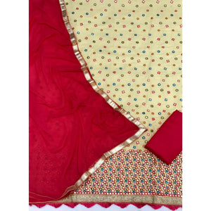 Light Yellow Festive Wear Embroidery With Embellished Cotton Dress Material