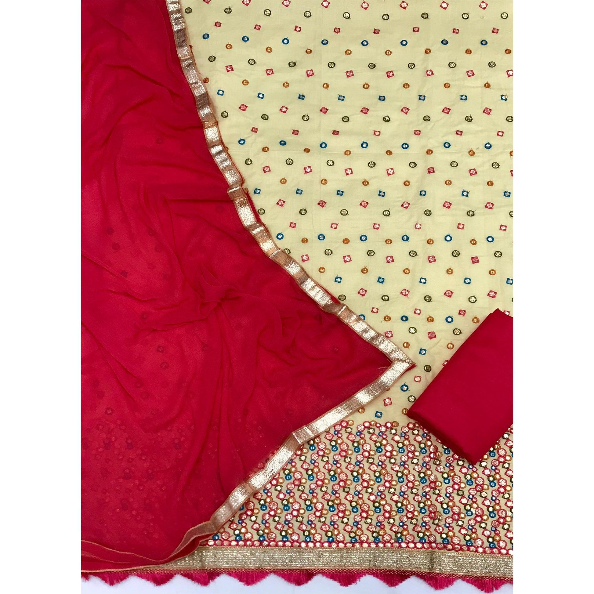 Light Yellow Festive Wear Embroidery With Embellished Cotton Dress Material