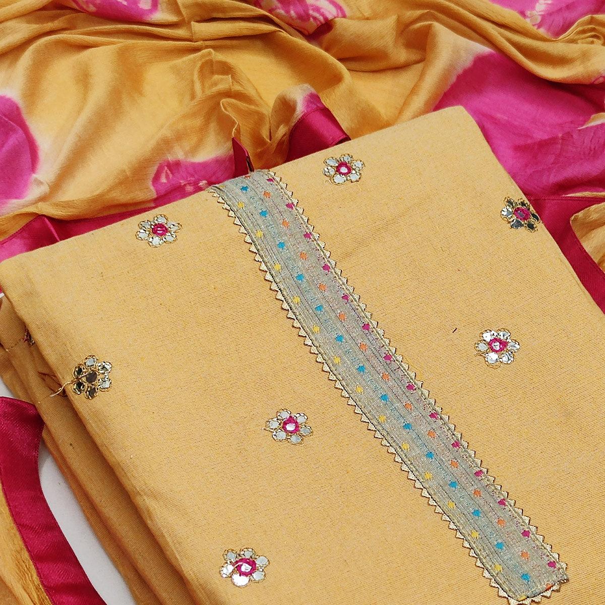 Light Yellow Festive Wear Gotta Plus Handwork Cotton Dress Material