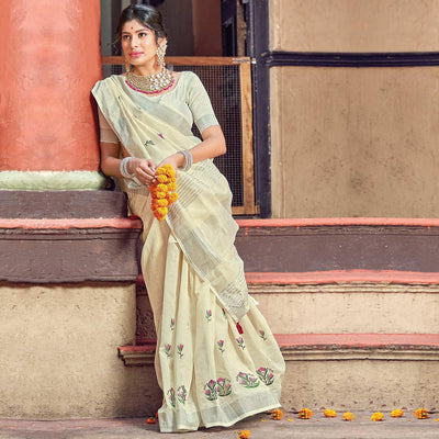 Light Yellow Festive Wear Printed Linen Saree