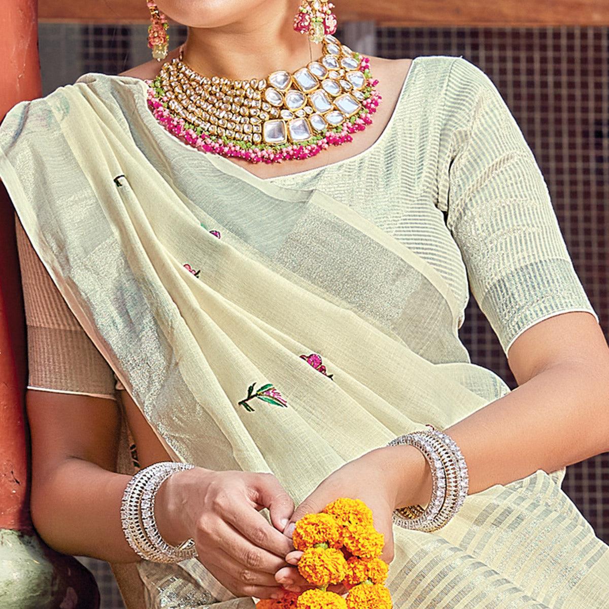 Light Yellow Festive Wear Printed Linen Saree