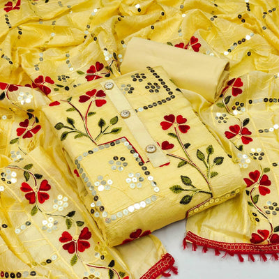 Light Yellow Festive Wear Sequins Embroidered Chanderi Dress Material