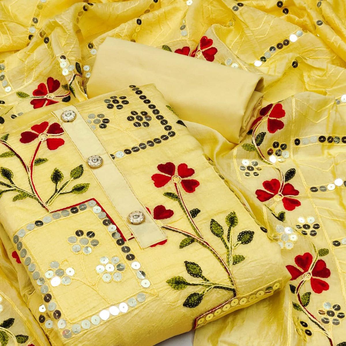 Light Yellow Festive Wear Sequins Embroidered Chanderi Dress Material
