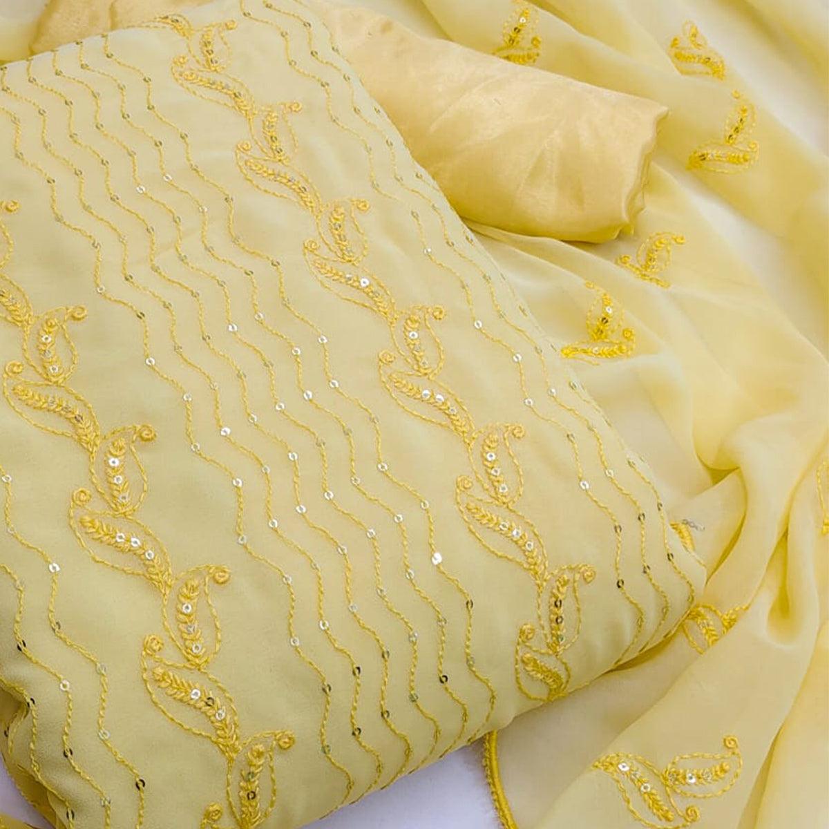 Light Yellow Festive Wear Sequins Embroidered Georgette Dress Material