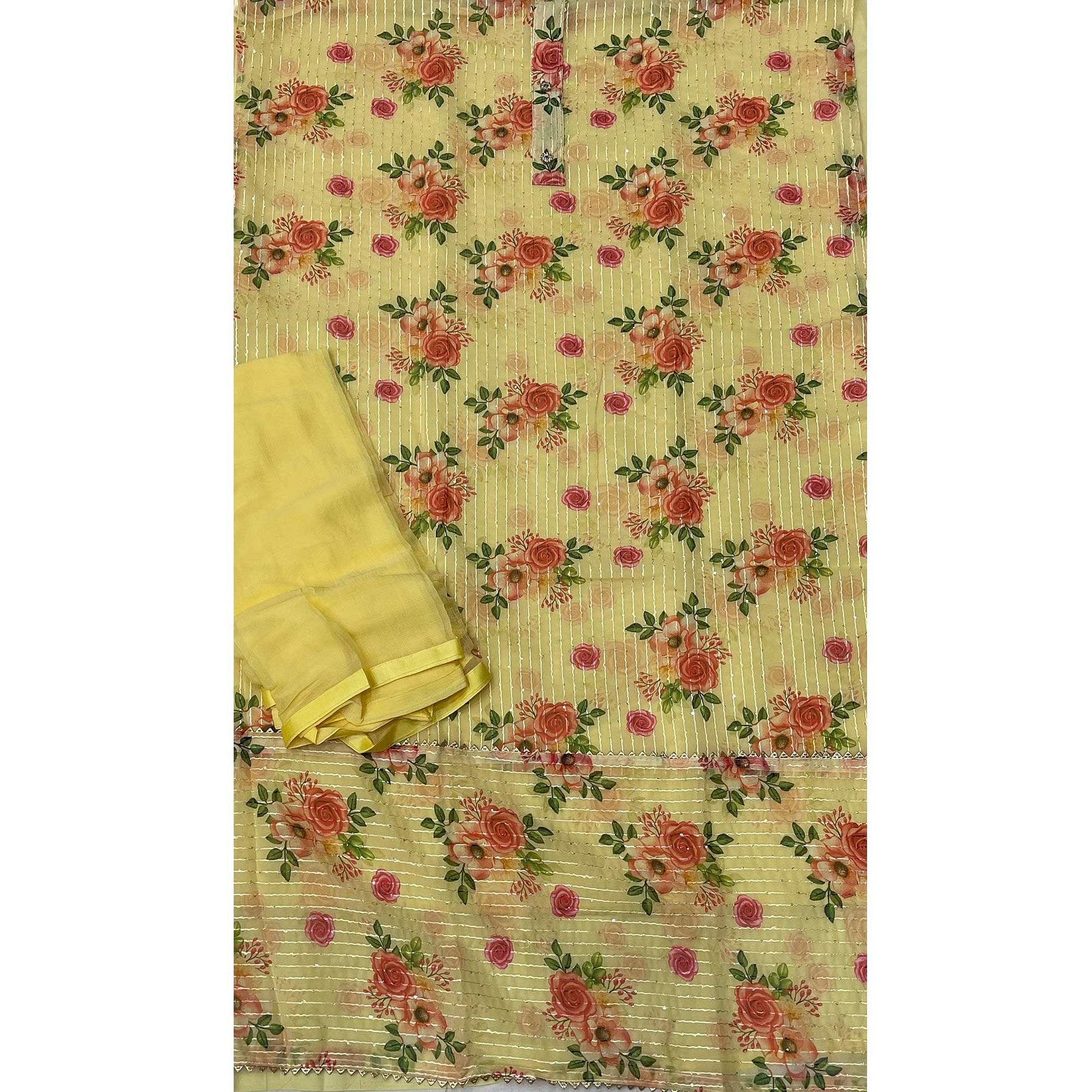 Light Yellow Festive Wear Sequins Embroidered Georgette Dress Material