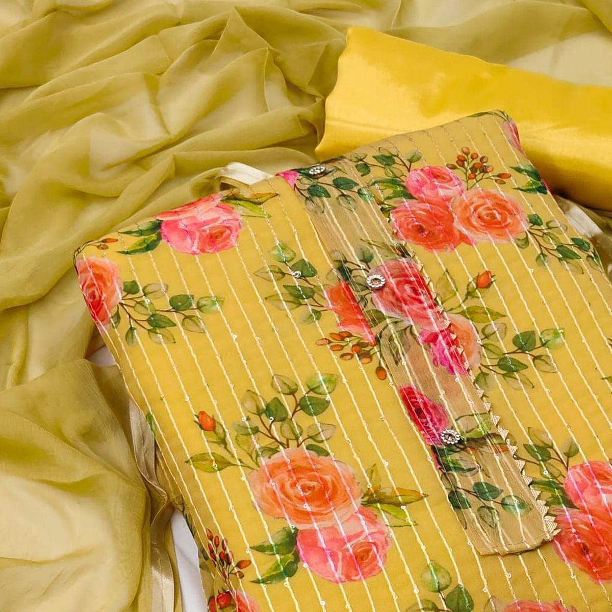 Light Yellow Festive Wear Sequins Embroidered Georgette Dress Material