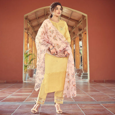 Light Yellow Floral Embroidered Viscose Kurti - Pant Set With Dupatta