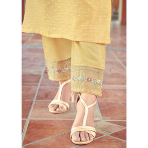 Light Yellow Floral Embroidered Viscose Kurti - Pant Set With Dupatta