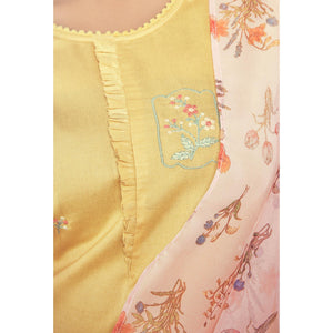 Light Yellow Floral Embroidered Viscose Kurti - Pant Set With Dupatta