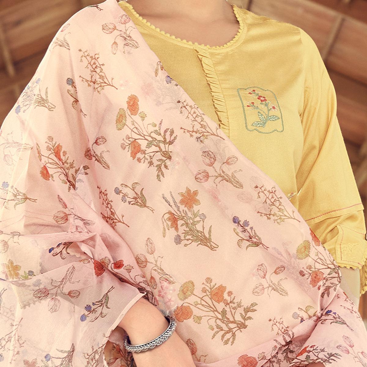 Light Yellow Floral Embroidered Viscose Kurti - Pant Set With Dupatta