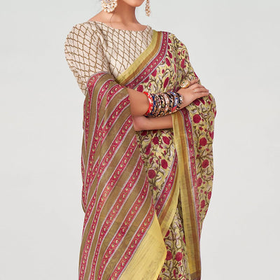 Light Yellow Floral Printed Chanderi Saree