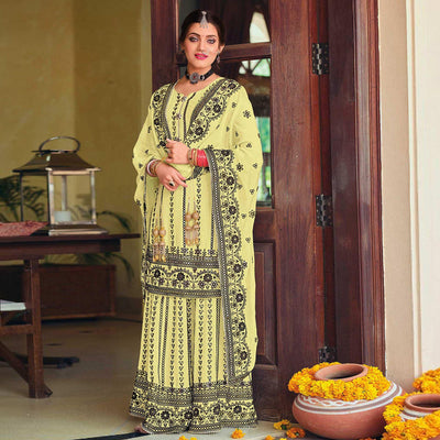 Light Yellow Partywear Designer Floral Embroidered Georgette Palazzo Suit