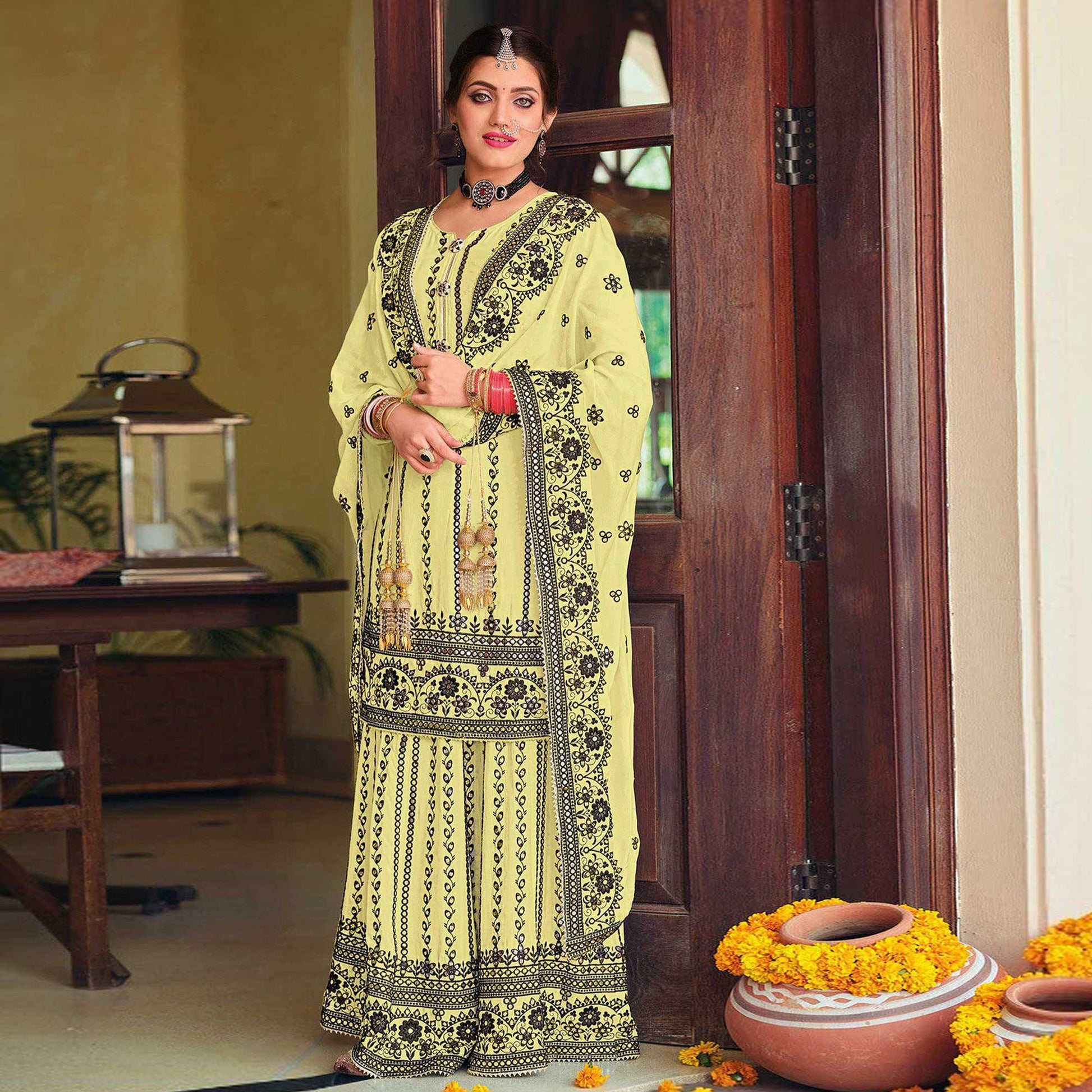 Light Yellow Partywear Designer Floral Embroidered Georgette Palazzo Suit