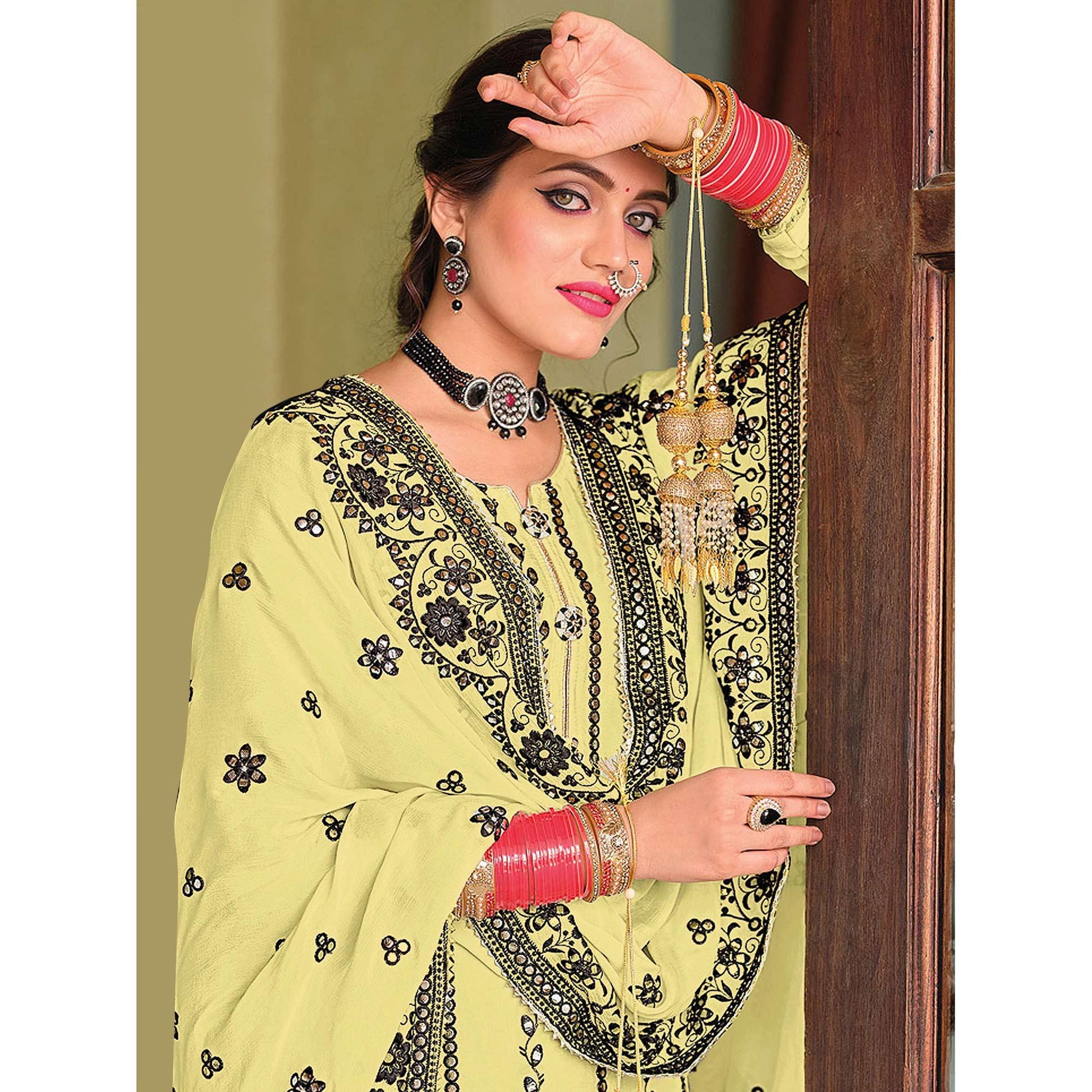 Light Yellow Partywear Designer Floral Embroidered Georgette Palazzo Suit