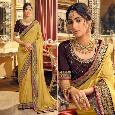 Light Yellow Partywear Embroidered Silk Saree