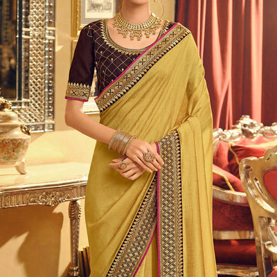 Light Yellow Partywear Embroidered Silk Saree