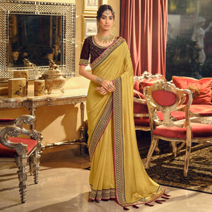 Light Yellow Partywear Embroidered Silk Saree