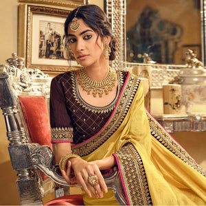 Light Yellow Partywear Embroidered Silk Saree