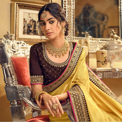 Light Yellow Partywear Embroidered Silk Saree