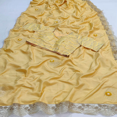 Light Yellow Partywear Floral Mukeish Embroidered Dola Silk Saree