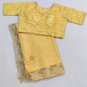 Light Yellow Partywear Floral Mukeish Embroidered Dola Silk Saree