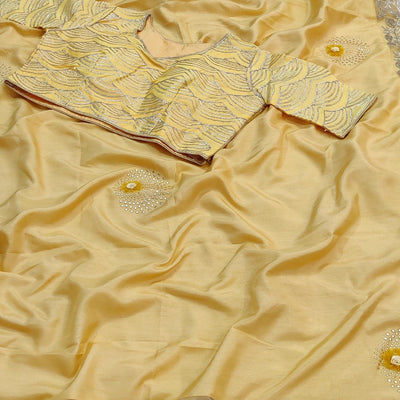 Light Yellow Partywear Floral Mukeish Embroidered Dola Silk Saree