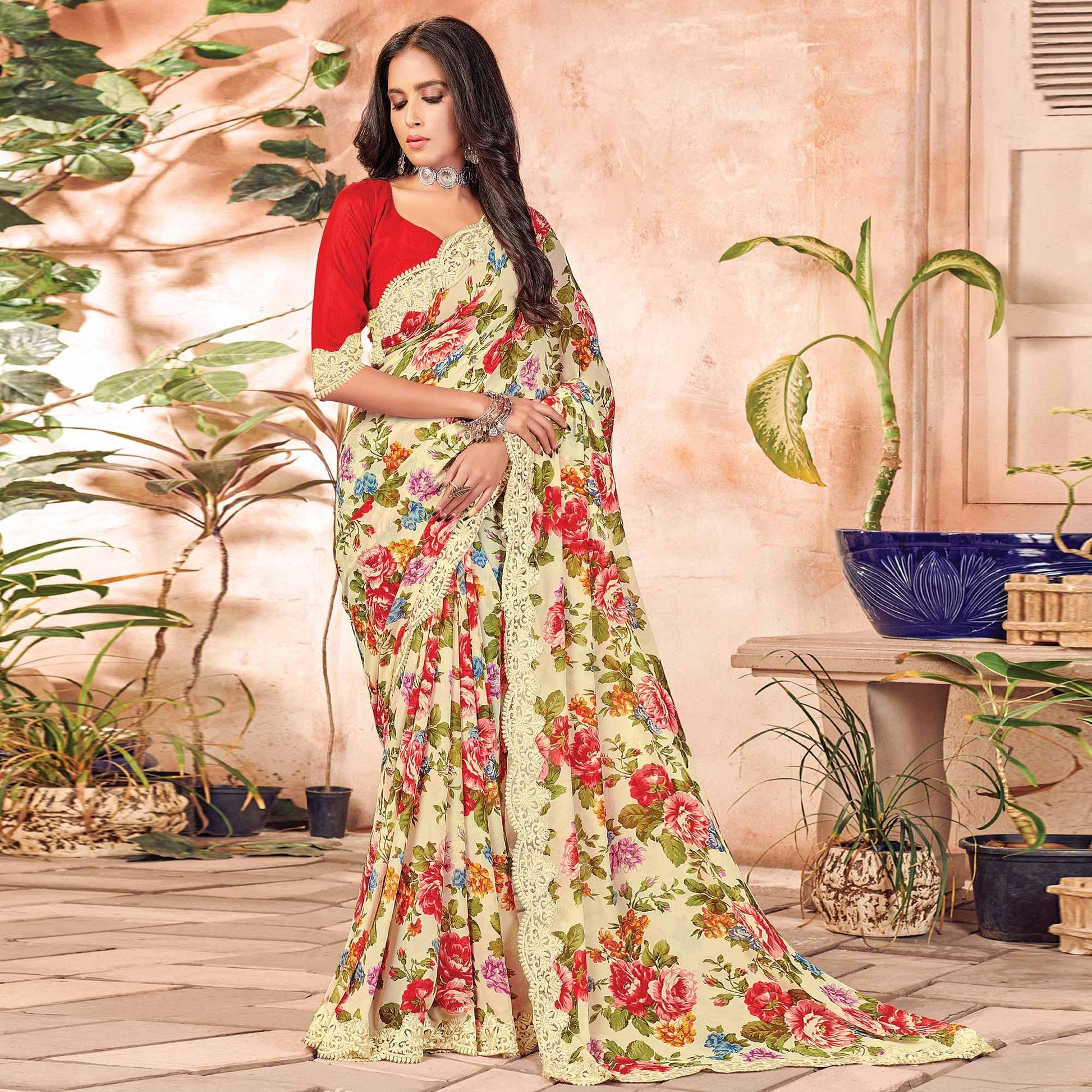 Light Yellow Partywear Floral Printed Georgette Saree Designer Lace
