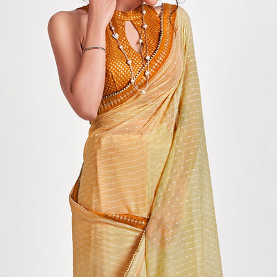 Light Yellow Partywear Sequins Foil Printed Georgette Saree