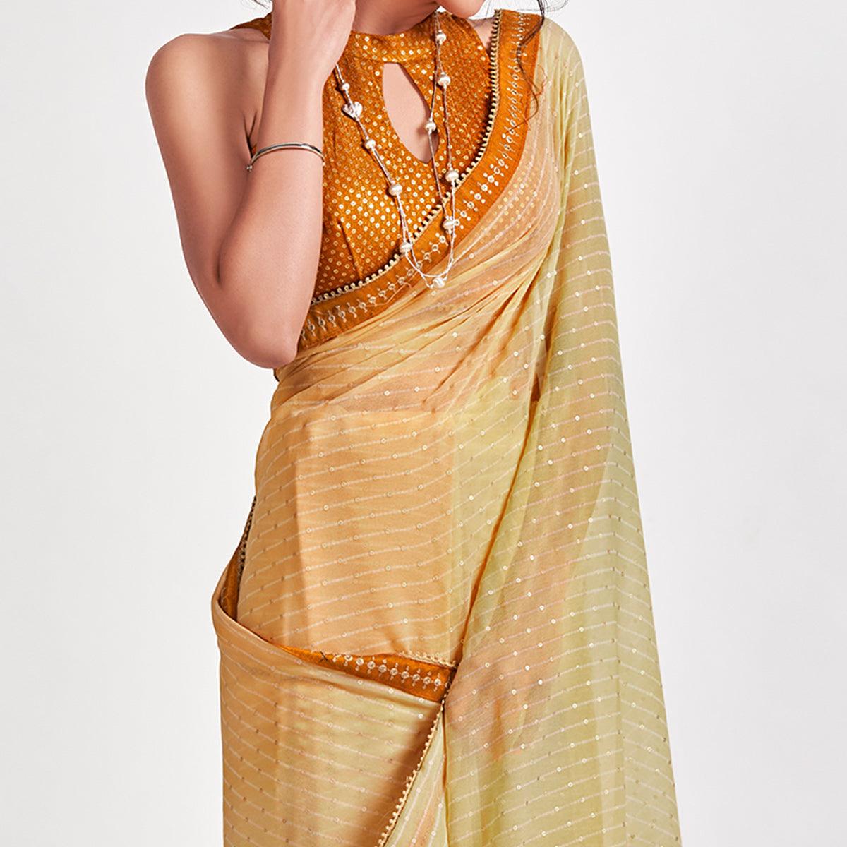 Light Yellow Partywear Sequins Foil Printed Georgette Saree